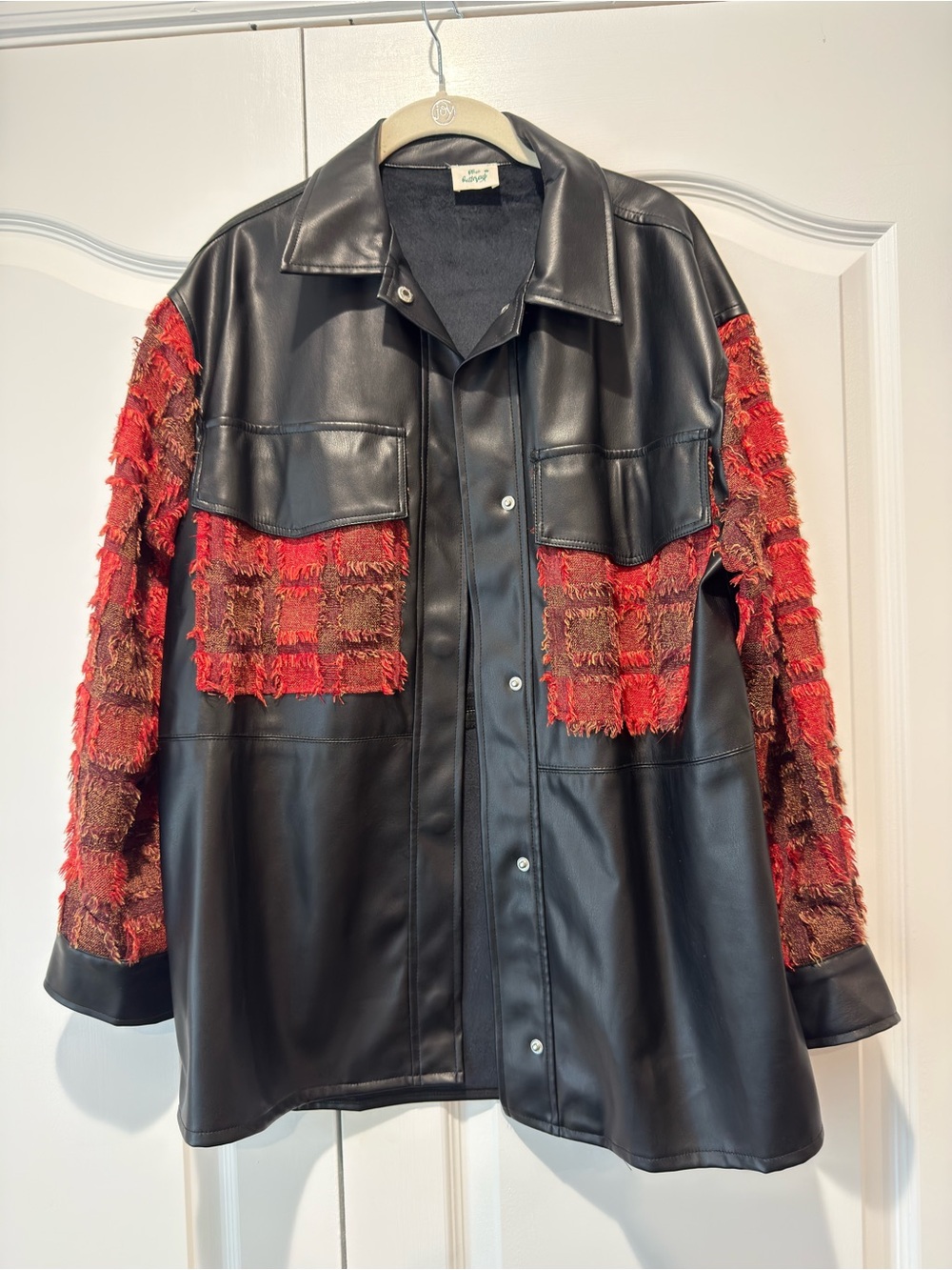 Womens Black Faux Leather Shacket with Red Textured Detail